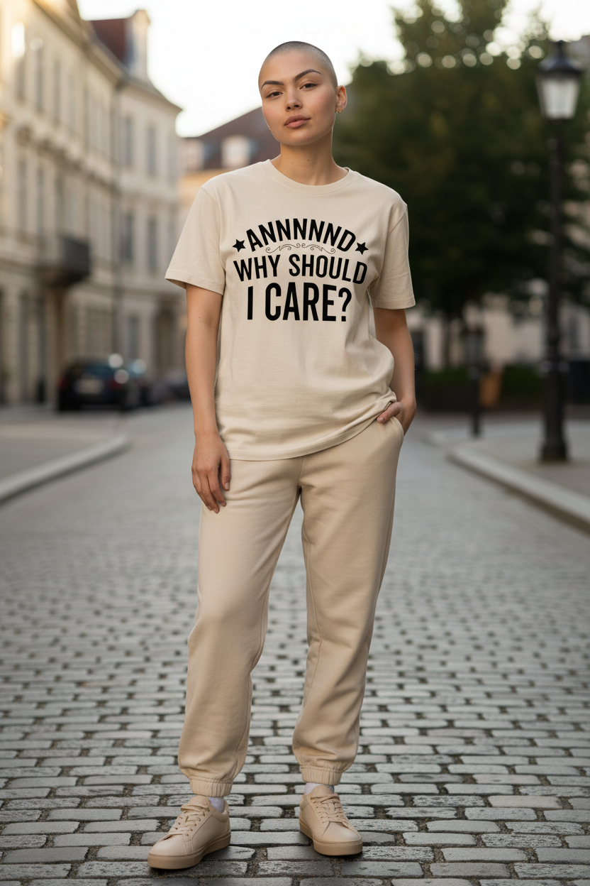 SCREEN PRINTED: "WHY SHOULD I CARE"