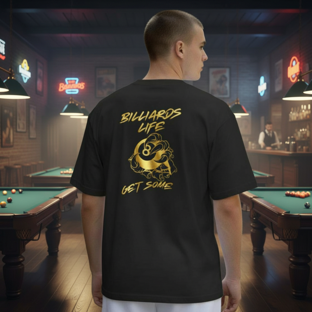 SCREEN PRINTED: "BILLIARDS LIFE GET SOME"