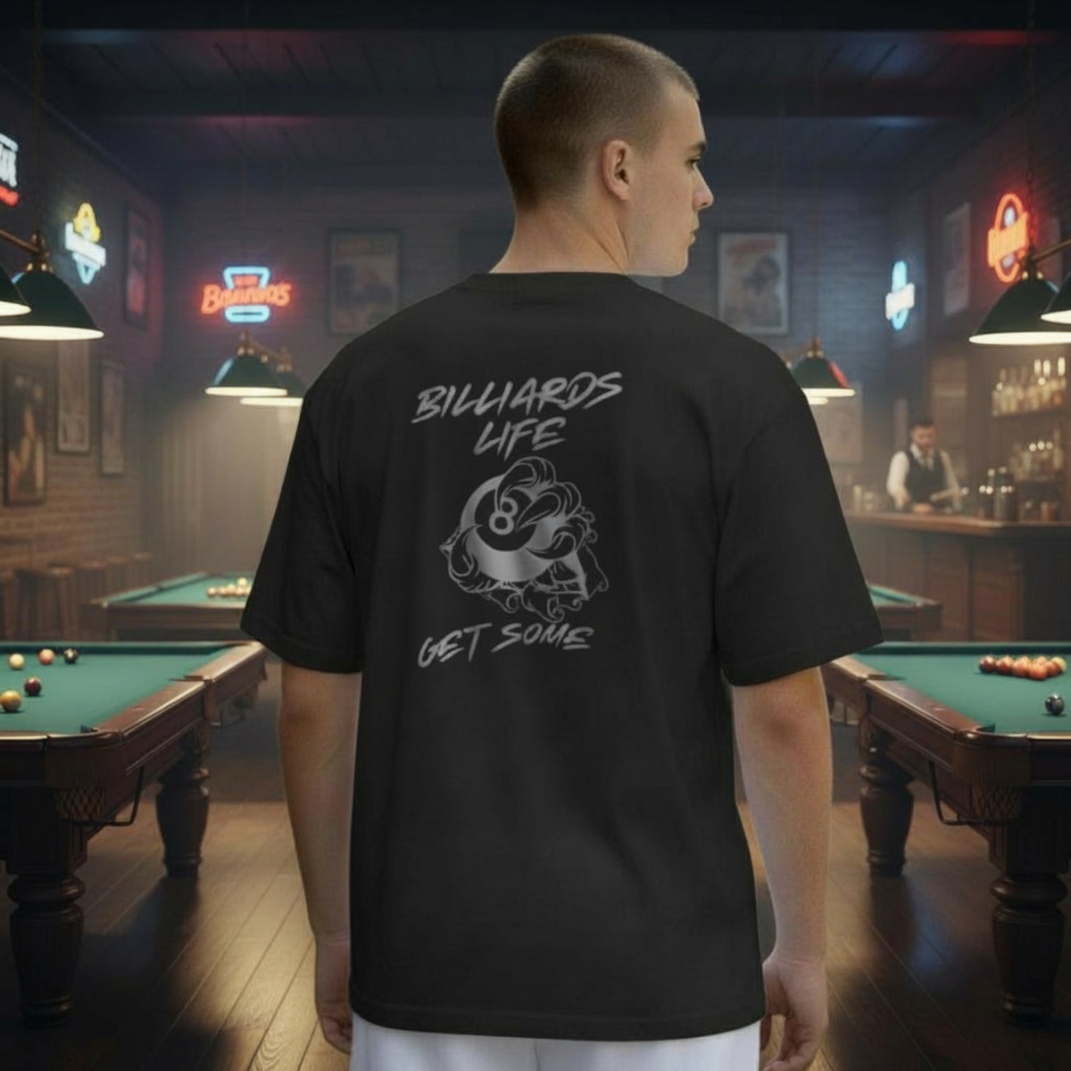 SCREEN PRINTED: "BILLIARDS LIFE GET SOME"