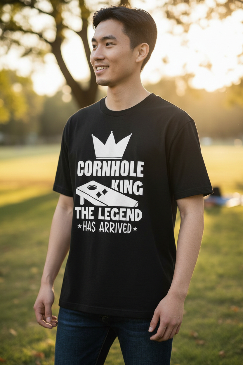 SCREEN PRINTED: "CORN HOLE KING ARRIVED"
