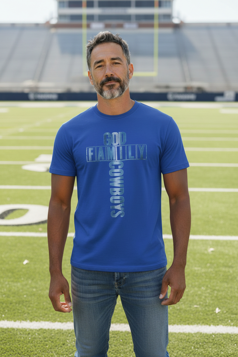 SCREEN PRINTED: "GOD, FAMILY, COWBOYS"