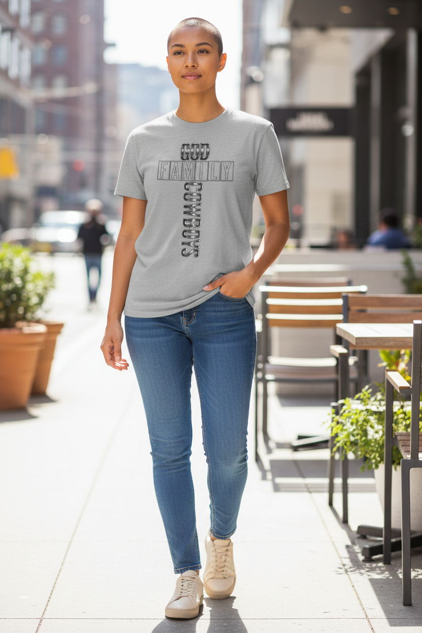 SCREEN PRINTED: "GOD, FAMILY, COWBOYS"
