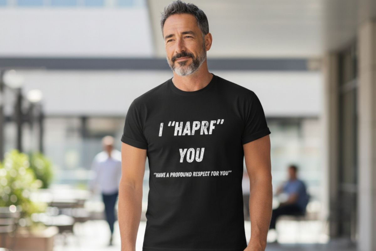 SCREEN PRINTED: "I HAPRF YOU" {HAVE A PROFOUND RESPECT FOR YOU}
