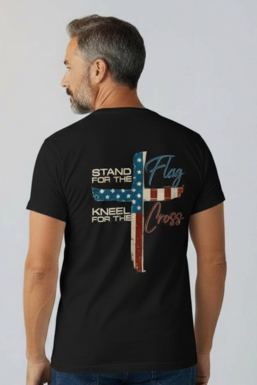 SCREEN PRINTED: "STAND FOR FLAG/ KNEEL FOR THE CROSS"