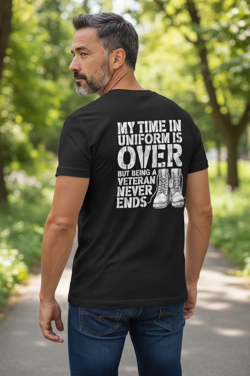 SCREEN PRINTED: "TIME IN UNIFORM IS OVER"
