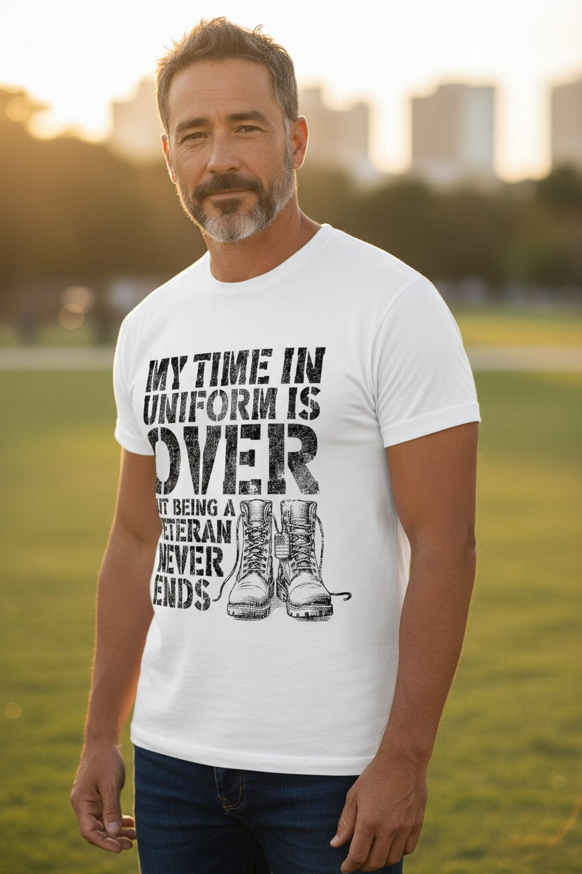 SCREEN PRINTED: "TIME IN UNIFORM IS OVER"