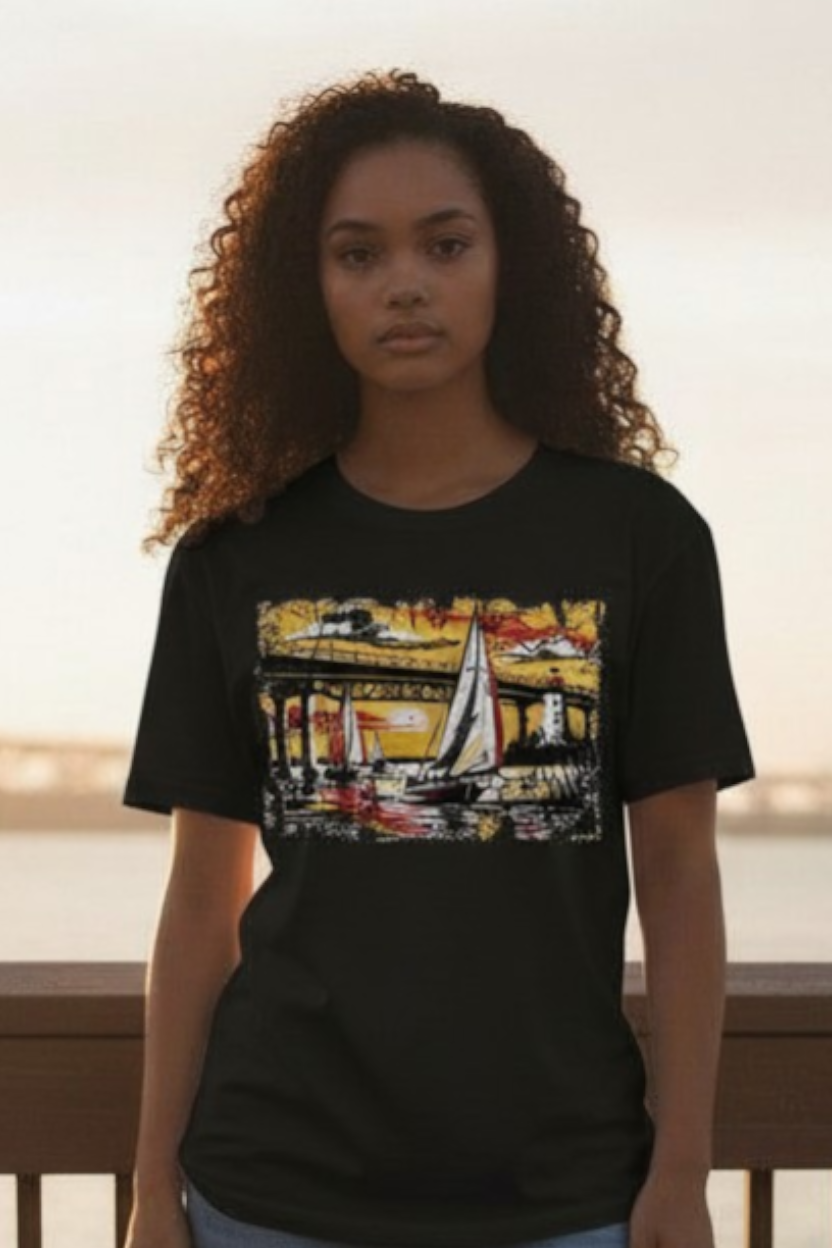 SCREEN PRINTED: "MARYLAND COAST LINE WITH SAILBOATS"